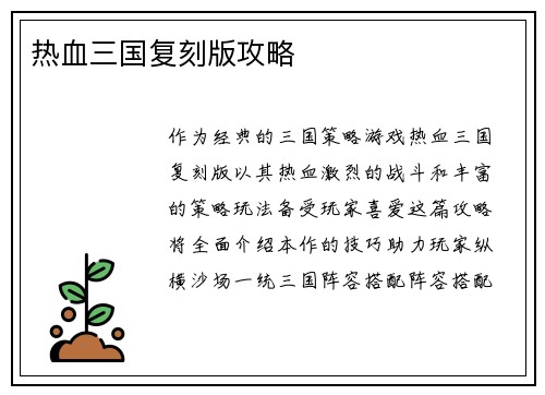 热血三国复刻版攻略