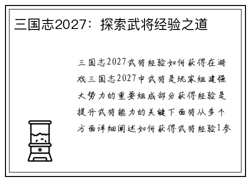 三国志2027：探索武将经验之道