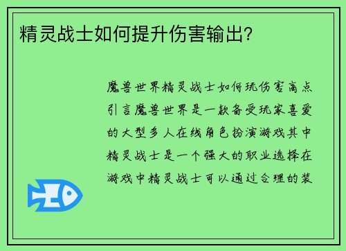 精灵战士如何提升伤害输出？